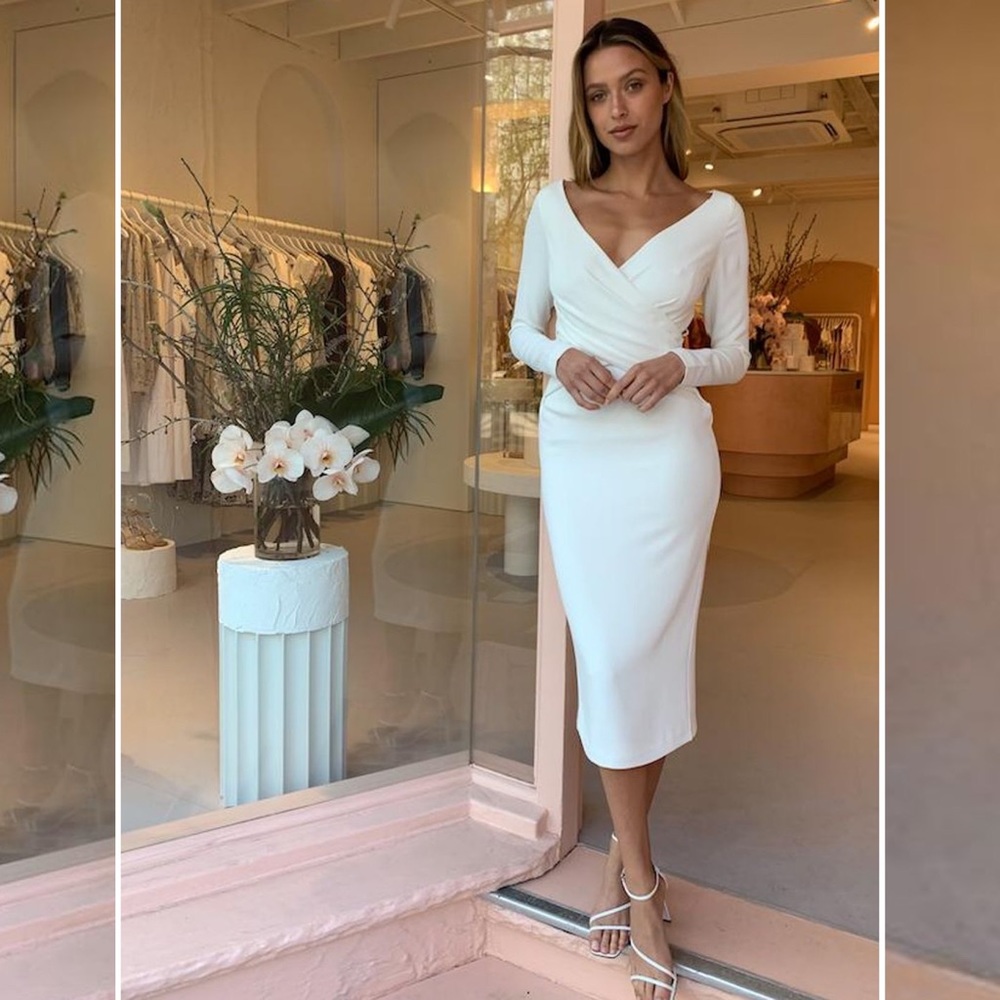 Significant Other Escape White Ruched Midi Dress